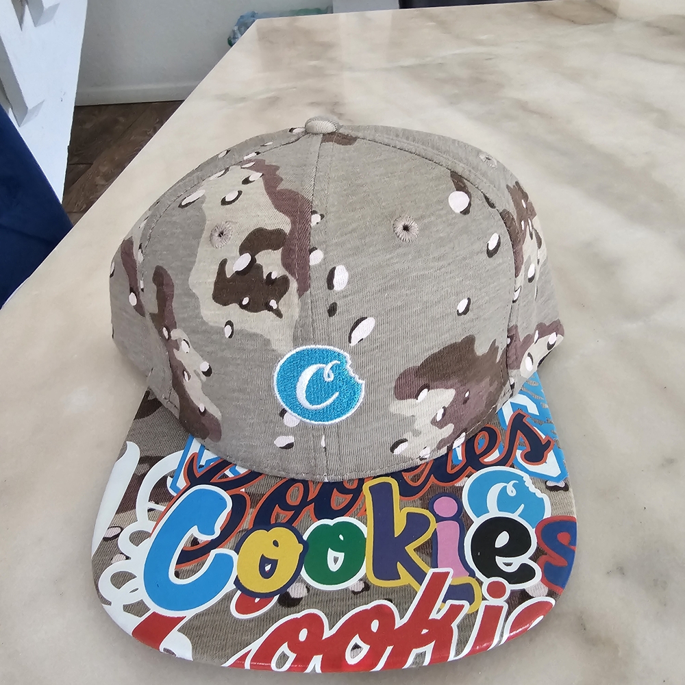Camouflage Snapback Hat with Colorful Cookie Design